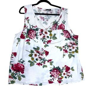 Papermoon Floral Tank Top Women’s 3X White Sleeveless Smocked Yoke